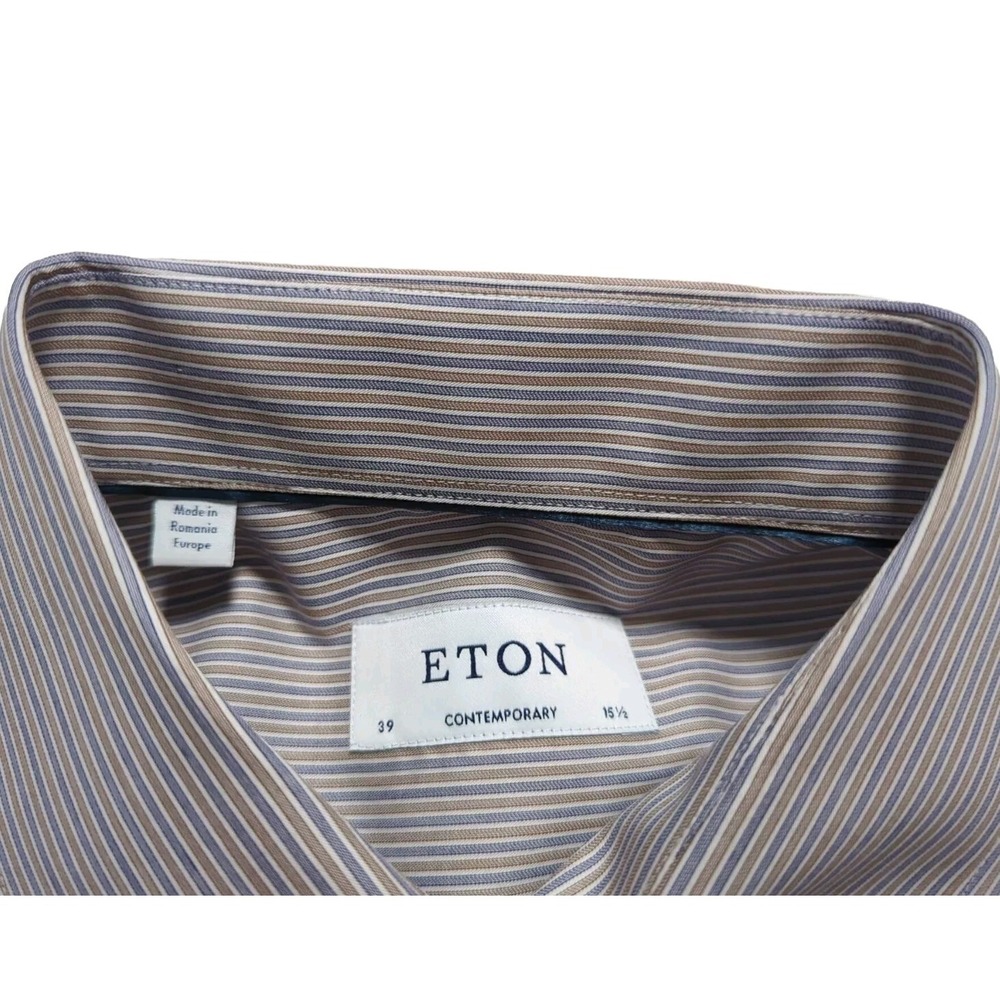 Eton Dress Shirt Mens Size 39 15.5 Contemporary Button Up Blue Gold Stripes - Picture 7 of 12